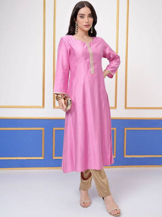 Vishudh Pink Round Neck Three-Quarter Sleeves Panelled A-Line Kurta - Swadesiicart