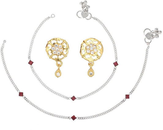 AanyaCentric Stylish Silver Plated Anklet & Gold-Polished American Diamond Earring Combo for Girls & Women - AanyaCentric