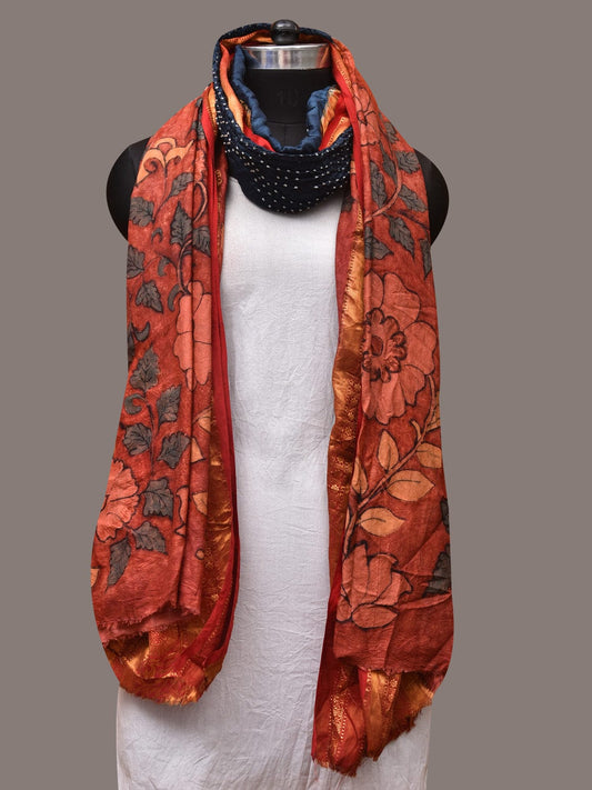 Navy and Red Bandhani Kanchipuram Silk Handloom Dupatta with Kalamkari Design - Global Threads | Swadesiicart