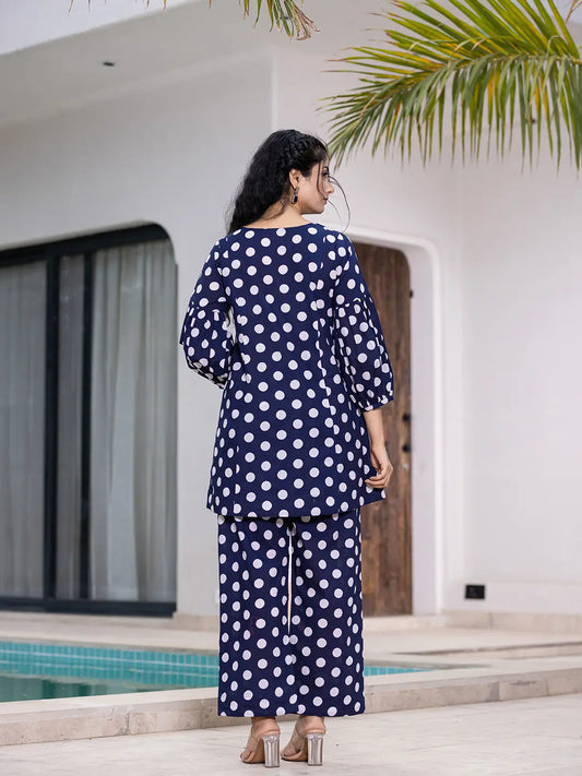 Yufta Navy Blue Polka Dot Print Top And Trouser Co Ord Set - Swadesiicart