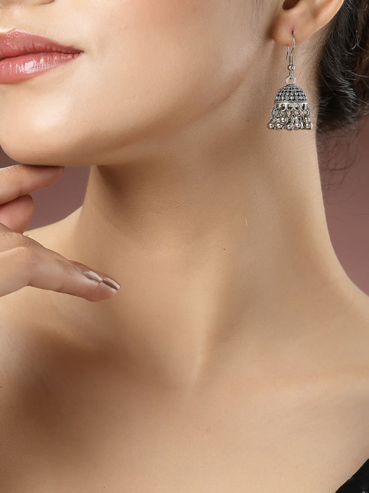 NVR Women's Silver-Toned German Silver Oxidised Dome Shaped Jhumka Earrings