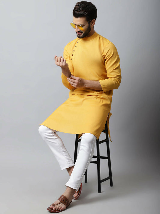 Even Apparels Yellow Color Pure Cotton Men's Kurta With Side Placket (SLD1130) | Swadesiicart