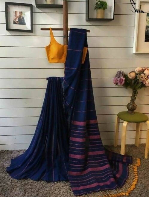 Exclusive Collection Khadi Cotton Handloom Khesh Saree With Blouse Piece - Navy Blue - Swadesiicart