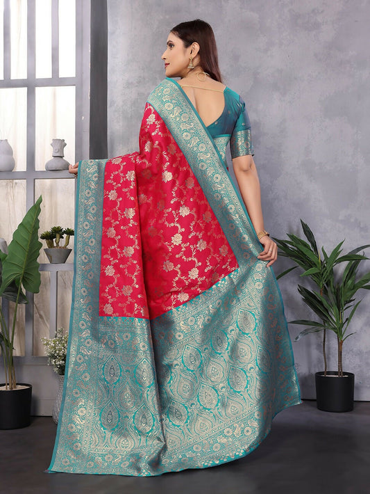 Joban Fashion Banarasi Red Woven Soft Silk Saree | Swadesiicart