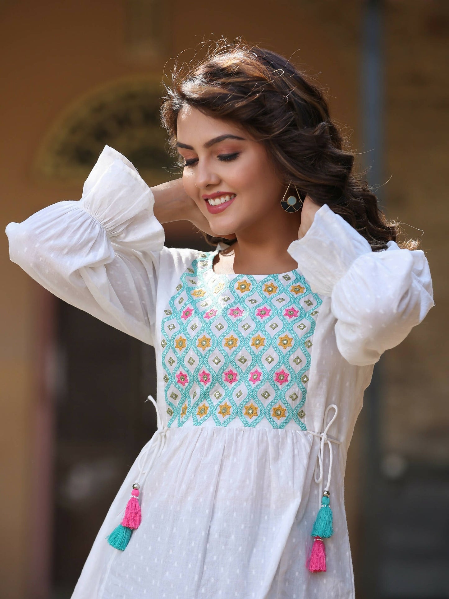 Juniper Women's White Cotton Dobby Solid With Multi Color Embroidered Tunic | Swadesiicart