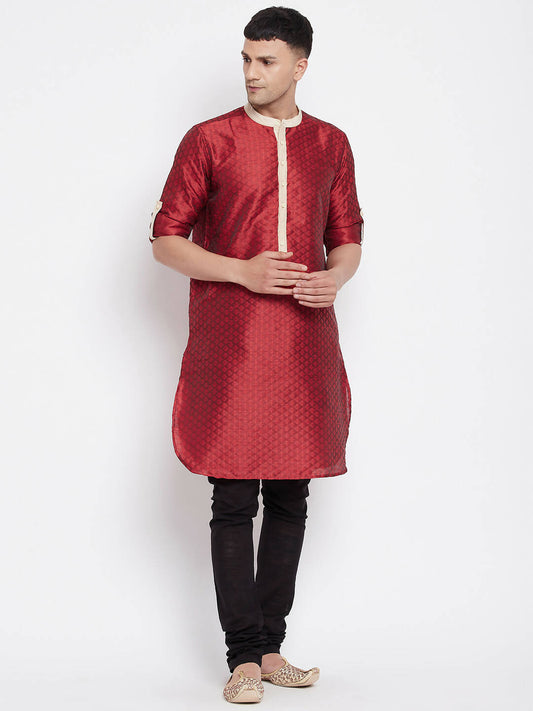 Even Apparels Red Art Silk Men's Kurta With Contrast Collar And Placket | Swadesiicart
