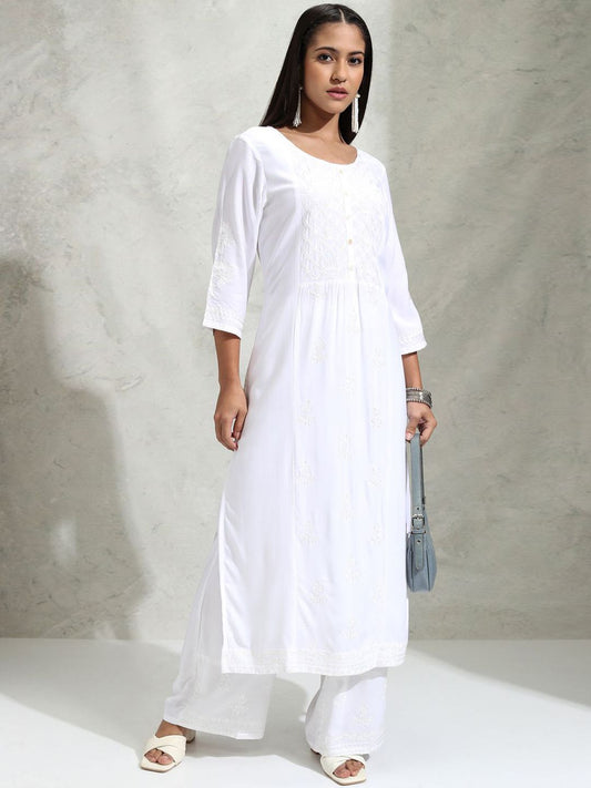 Vishudh White Floral Embroidered Thread Work Straight Kurta With Palazzos - Swadesiicart