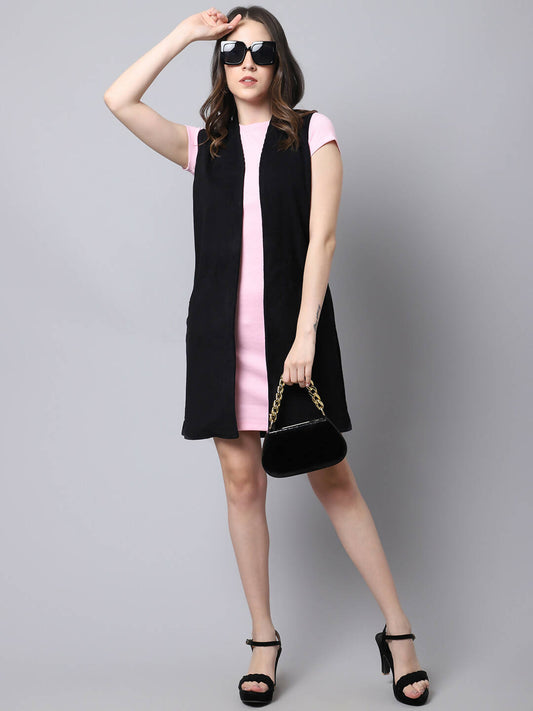 Even Apparels Black Polywool Open Front Corduroy Women's Long Coat | Swadesiicart