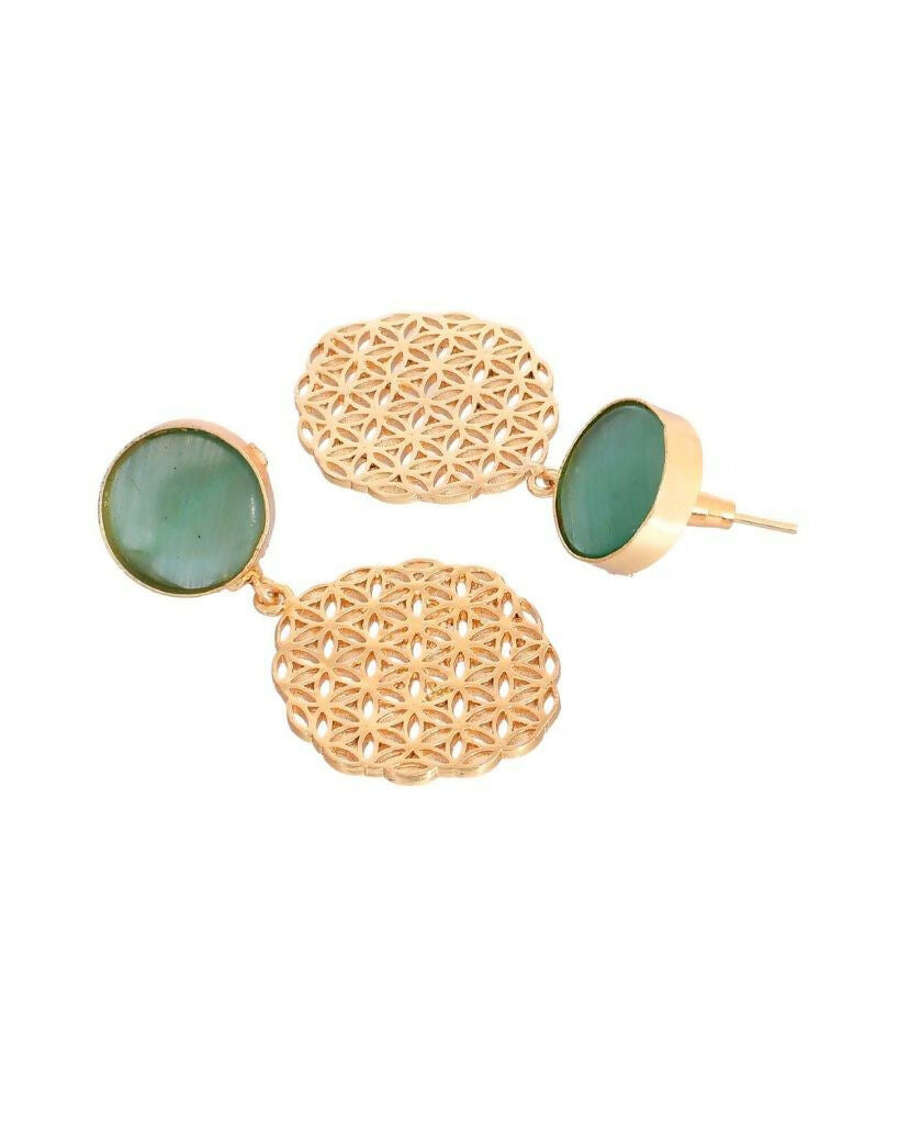 VOJ One Gram Gold-Polished Teal Colored Stone Studded Earrings - Swadesiicart