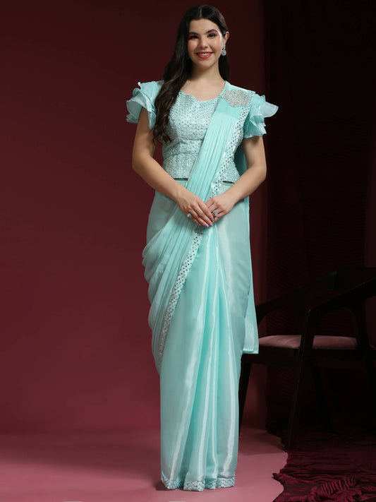 Light Blue Silk Satin Sequence Work Ready to Wear Saree with stitched Blouse - Nirvana | Swadesiicart