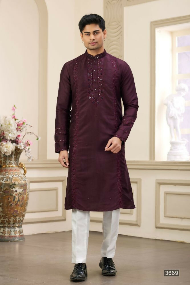 Raivat Ethnic Banarasi Art Silk Thread and Mirror Work Kurta Pajama In Wine Colour | Swadesiicart