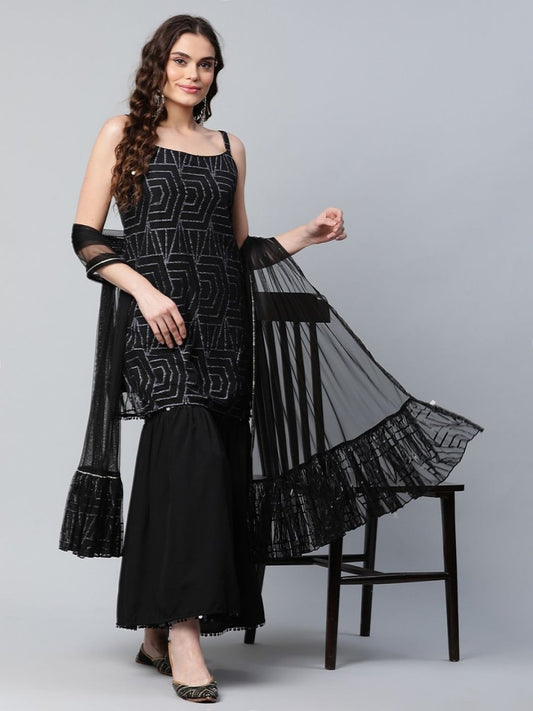 Ahalyaa Women Black Net Glitter Print Short Kurti With Sharara Dupatta Set | Swadesiicart