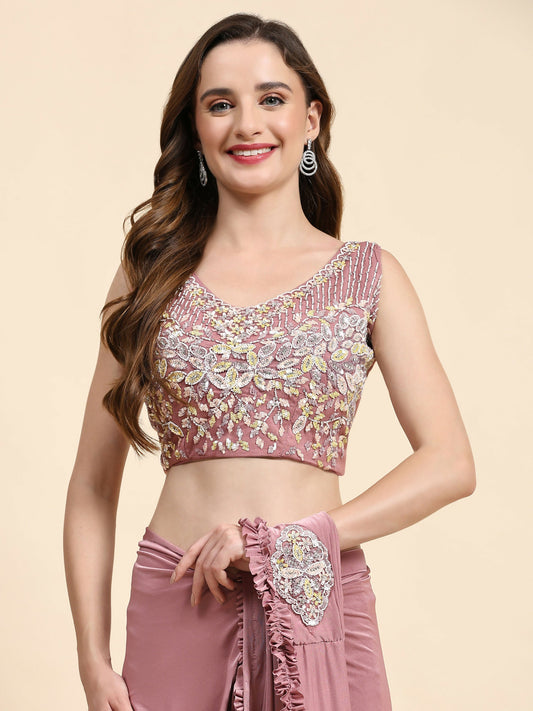 Pink Lycra Solid Ready to wear Saree with stitched Blouse - Vanita | Swadesiicart