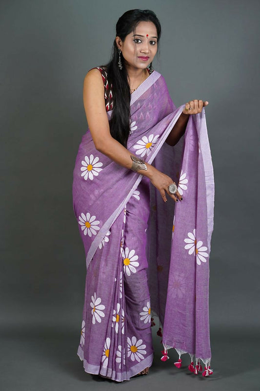 Exclusive Collection Mauve Pure Cotton Saree With Sunflower Design - Swadesiicart