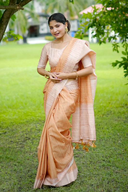 Vishnu Weaves Women's Yellow Tussar Silk Woven Saree with Blouse - Swadesiicart