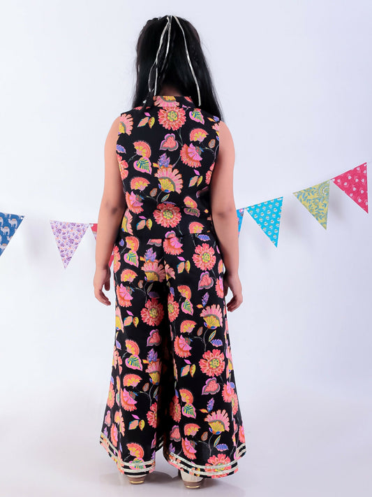 Lil Drama Jaipur Print Stylish Top with Pant Co-ordinate Set for Girls - Black - Swadesiicart