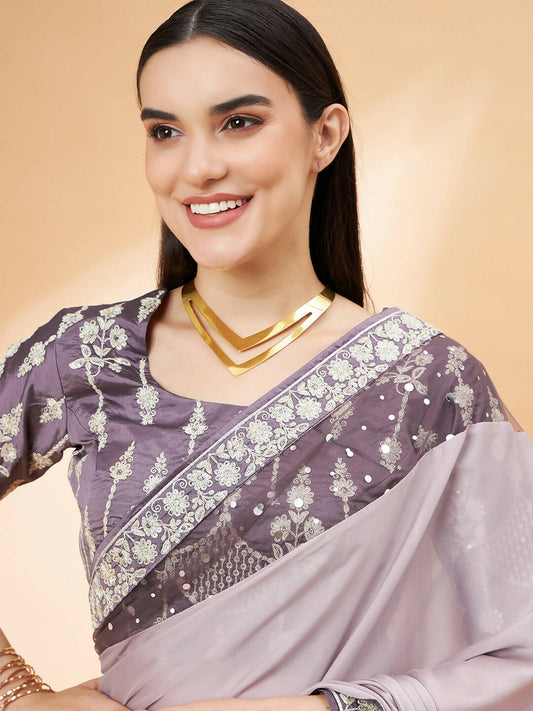 Mauve Silk Georgette Ribbon Embroidery Saree - Norita Hit Design - Swadesiicart