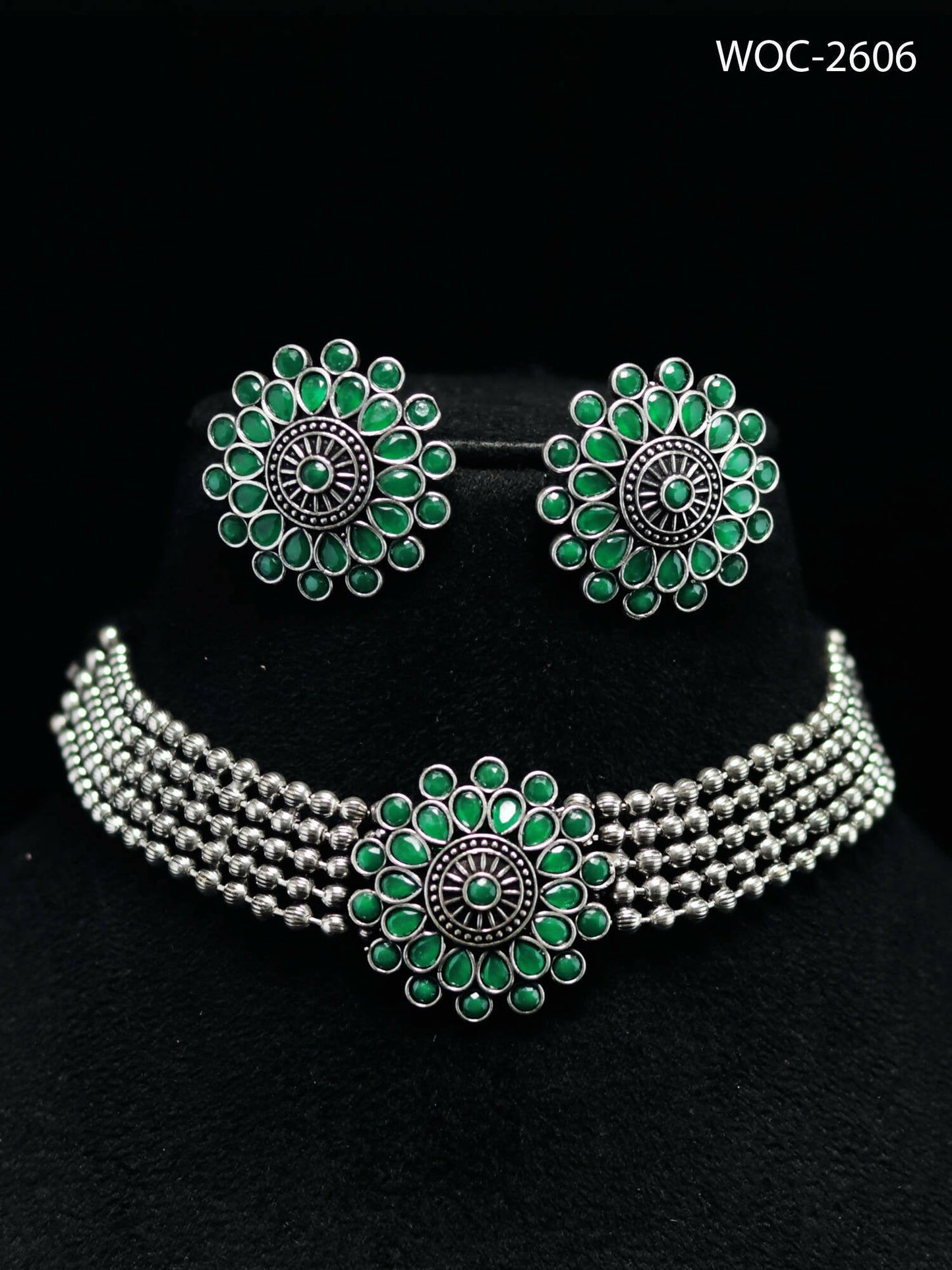 Mominos Fashion Johar Kamal Oxidised Silver-Plated Brass Finish Kundan Choker For Women (Green) | Swadesiicart
