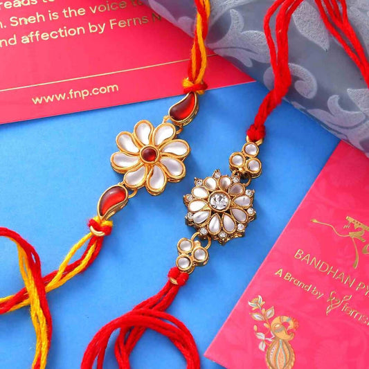2 Kundan Flower Rakhis & Mathura Peda Hamper Combo | Swadesiicart