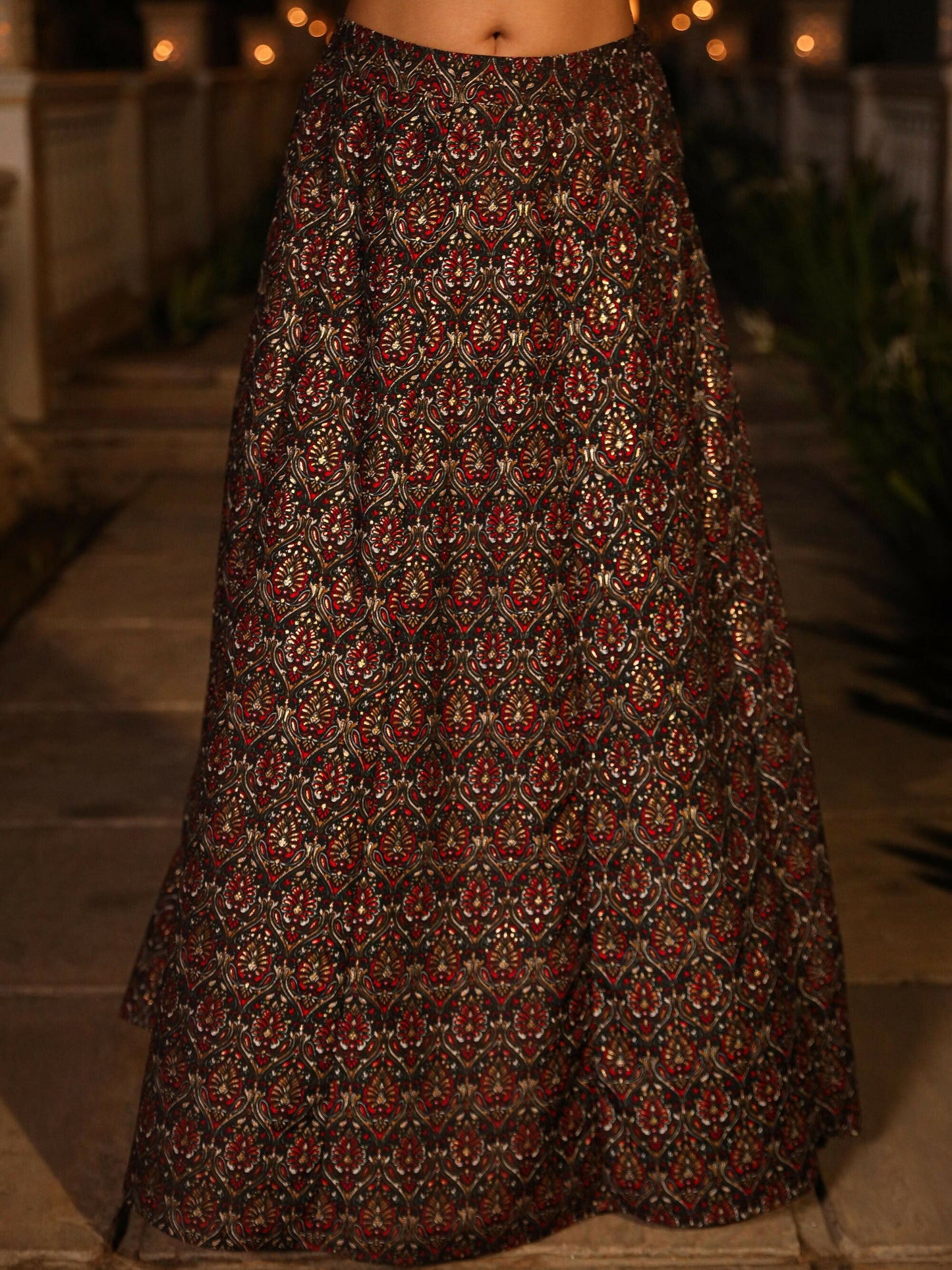 Juniper Women's The Rekha Chitra Black Thread Embroidered Rayon Top & Printed Skirt Set With Beads & Mirror Work - Swadesiicart