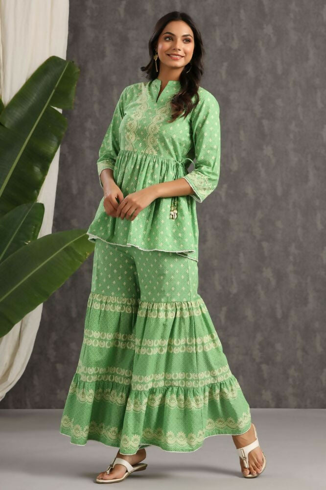 Juniper Green Ethnic Motif Printed Pure Cotton Tunic & Sharara With Sequins & Lace Detail - Swadesiicart