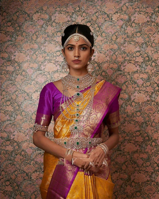 DEIANA'S Beautiful Designer Golden zari Soft Lichi Silk Saree - Yellow - Swadesiicart