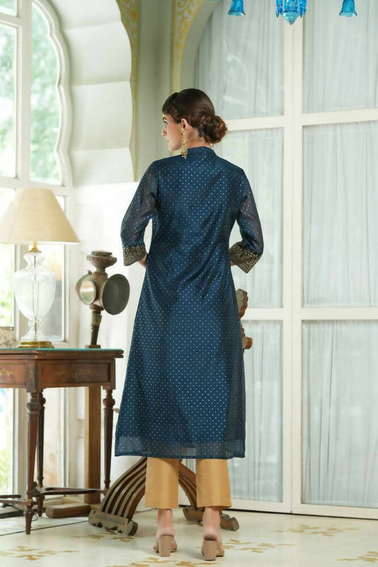 Juniper Blue Chanderi Festive Embroidered Polka Dot Printed A-Line Kurta For Women | Swadesiicart