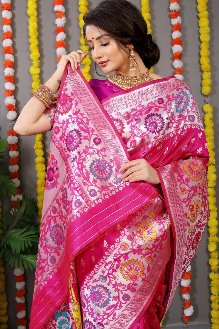 Jyoti Fashion Women's Rani Pink Banarasi Silk Zari Woven Saree with Blouse | Swadesiicart