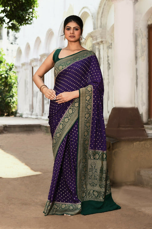 Joban Fashion Purple Crepe Chiffon Pure Handloom Banarasi Silk Saree | Swadesiicart