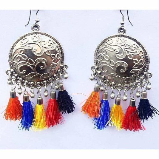 MS Fashion India Traditional Collection Chandbali Silver Multi Silk Threads Tassel Earrings | Swadesiicart