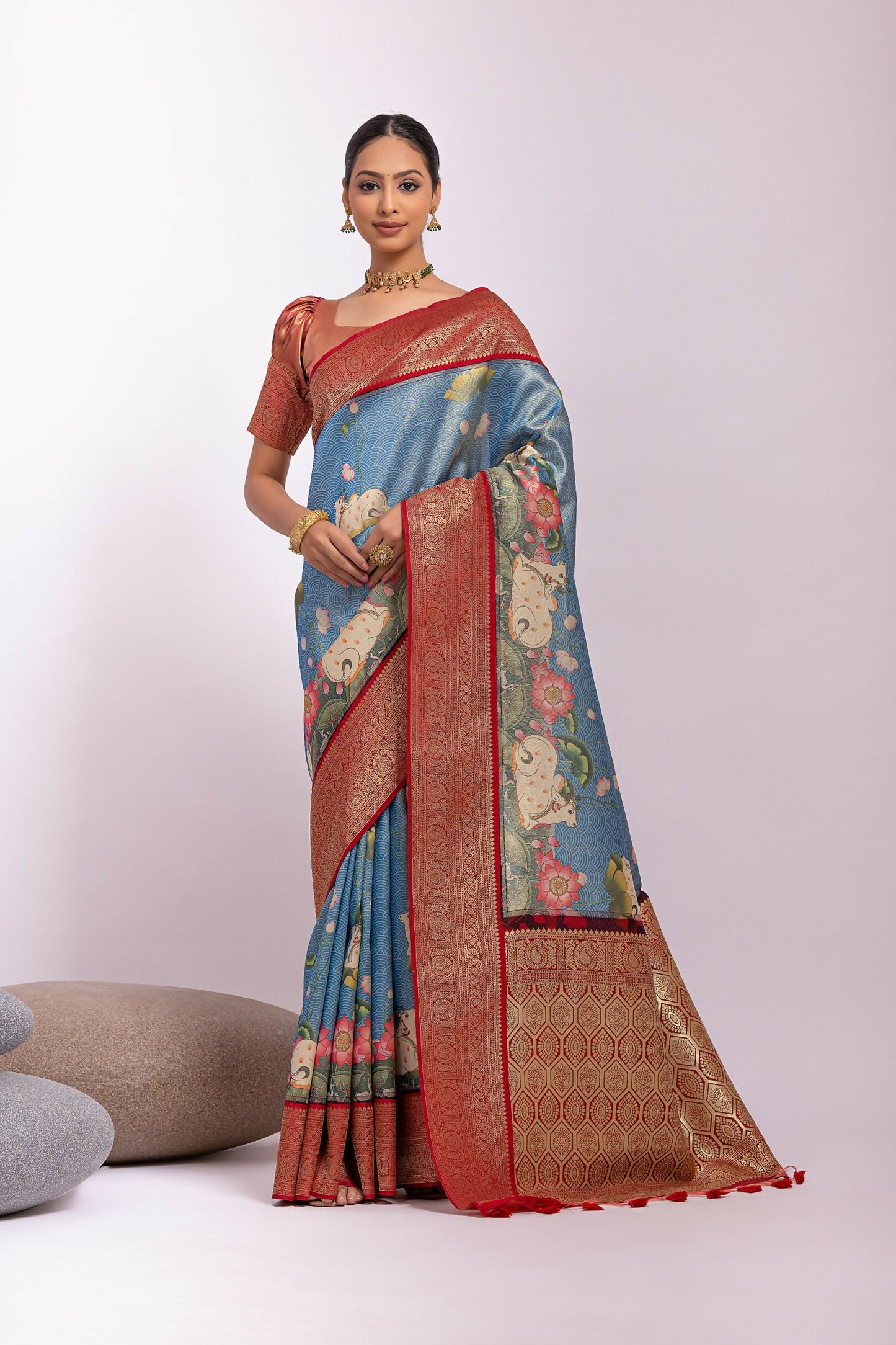 Vishnu Weaves Women's Firozi Tissue Silk Zari Woven Saree with Blouse - Swadesiicart