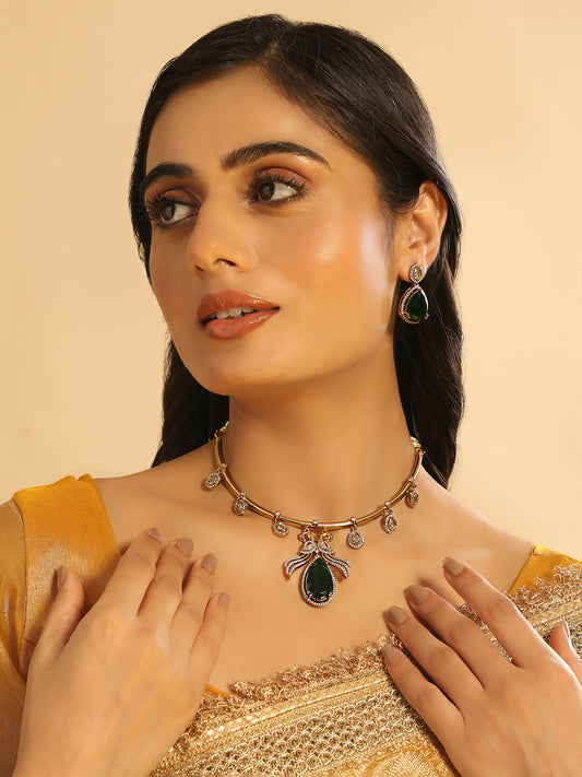 Nuyug 18K Gold Plated Pear Drop Emerald Edge Necklace Set | Swadesiicart
