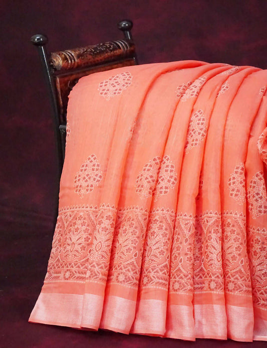 Peachish Orange Block Printed Semi Chanderi Saree By Gayathri Reddy Designer Studio | Swadesiicart