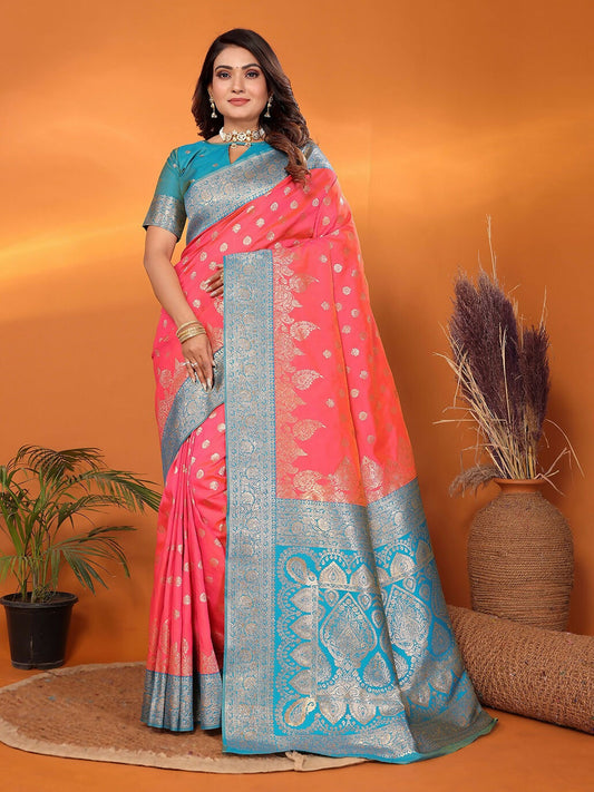 Joban Fashion Banarasi Pink Woven Soft Silk Saree | Swadesiicart
