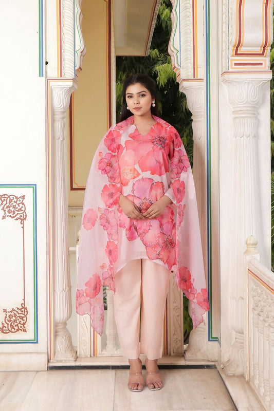 Vaasva Women Ivory Tabby Slik Print & Embroidered Kurta, Pant & Dupatta set | Swadesiicart