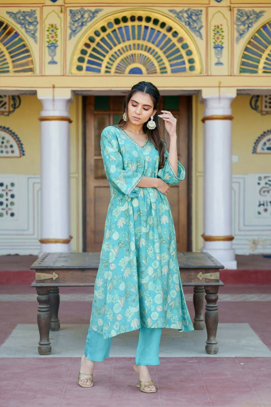 Vaasva Women Aqua Muslin Pleated Kurta & Pant Clothing Set | Swadesiicart