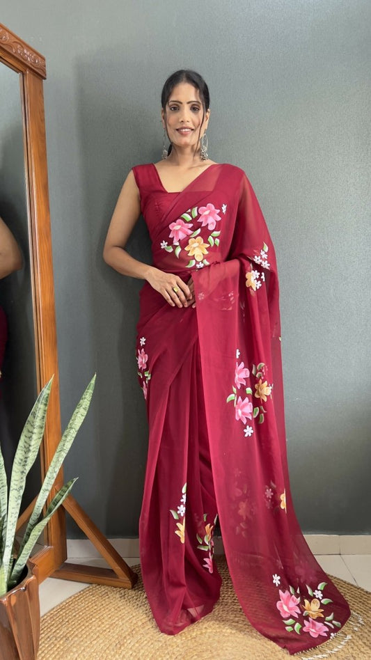 Aayaa Designer 1 min Hand Painted Ready to Wear saree - Maroon | Swadesiicart