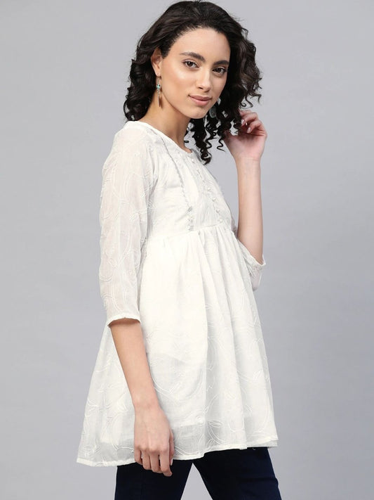 Ahalyaa Women Off-White Cotton Embroidered Tunic | Swadesiicart