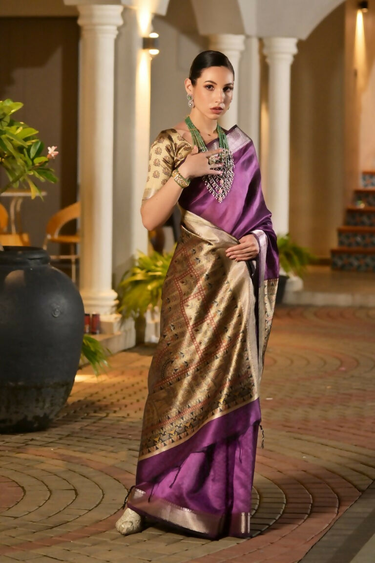 Vishnu Weaves Women's Wine Soft Tussar Silk Printed Saree with Blouse - Swadesiicart