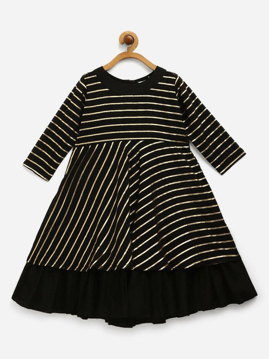 Ahalyaa Black Georgette Gold Print Kids Kurta For Girls | Swadesiicart