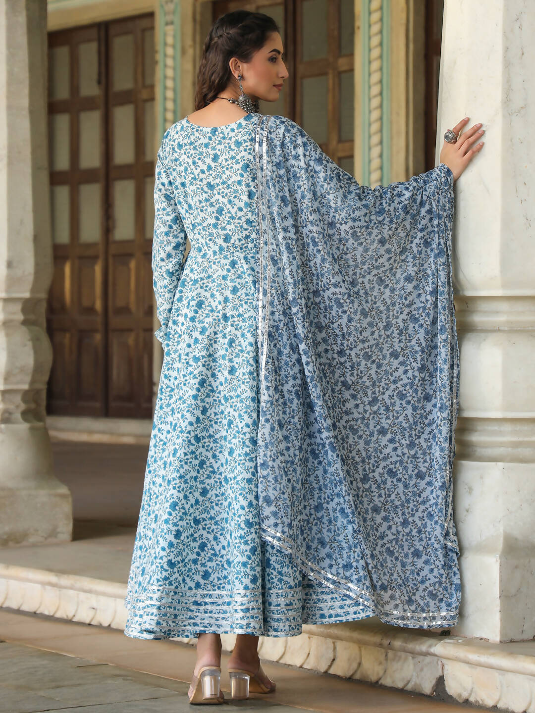 Juniper Women's Blue Cambric Floral Printed Circular Kurta Dupatta Sets | Swadesiicart