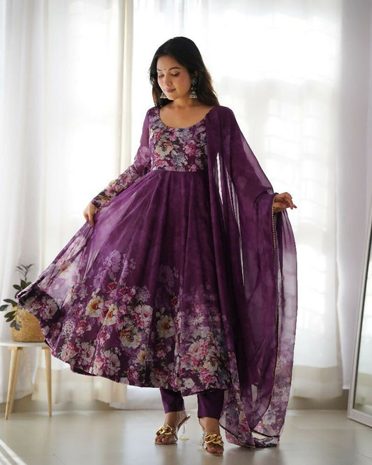 Joban Fashion Wine Kurta Set Organza Sequin Embroidery Work