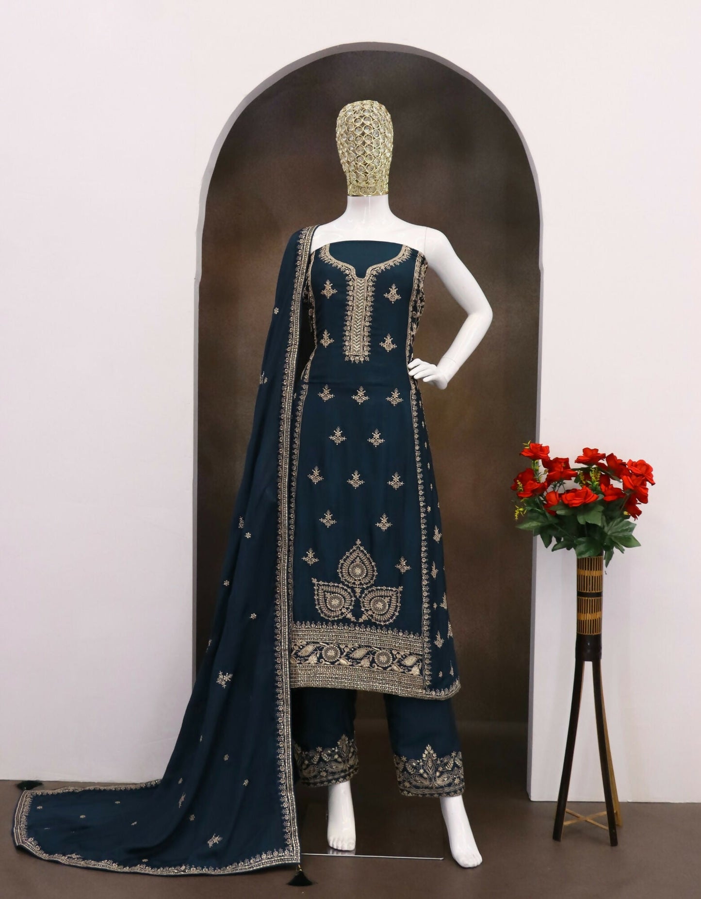 Anaita Teal Green Chinon Silk Stitched Suit with Embroidery & Sequence Work