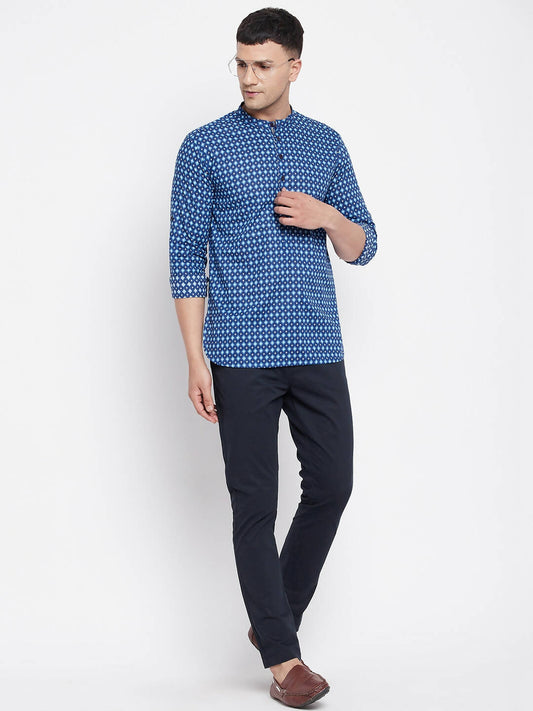 Even Apparels Blue Men's Pure Cotton Kurta With Band Collar | Swadesiicart