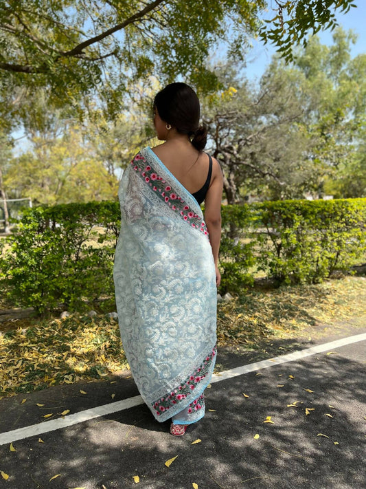 Vamsee Sky Blue Organza Saree - Swadesiicart