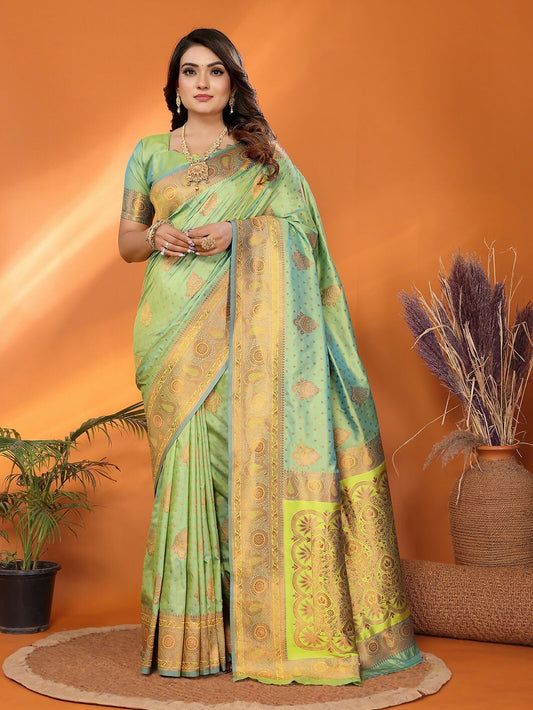 Joban Fashion Banarasi Light Green Woven Soft Silk Saree | Swadesiicart