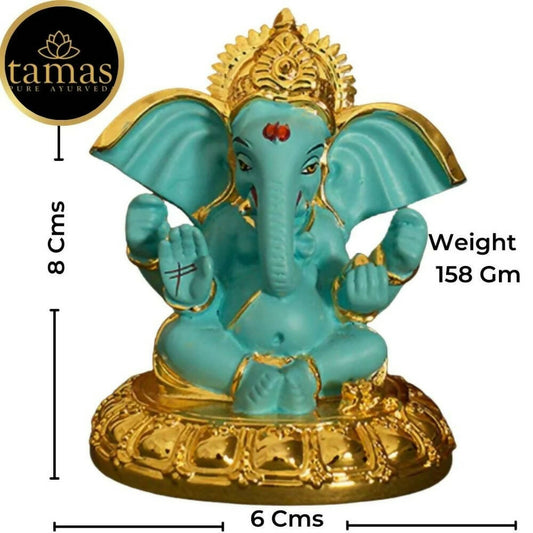 Tamas Gold-Polished Gaj Karna Ganesh Idol Flora Blue & Gold Color - Swadesiicart