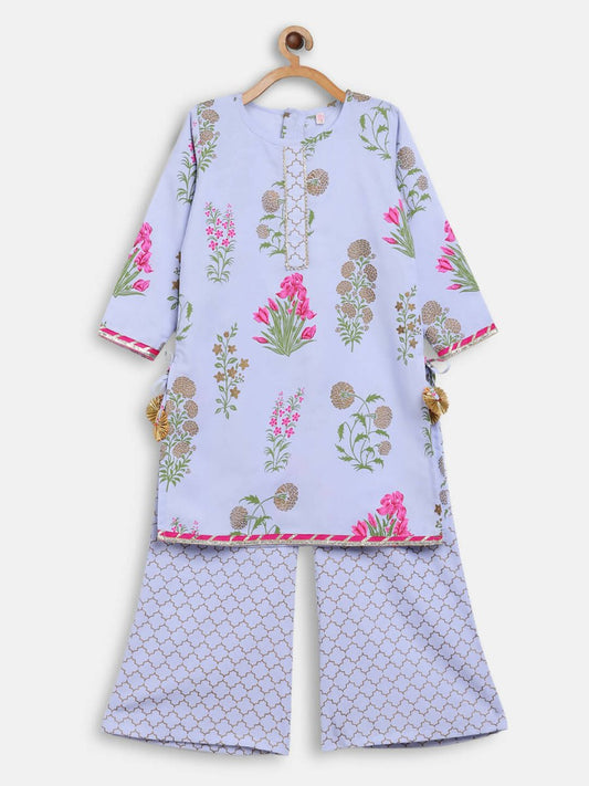 Ahalyaa Blue Crepe Printed Kids Kurta Palazzo Set For Girls | Swadesiicart