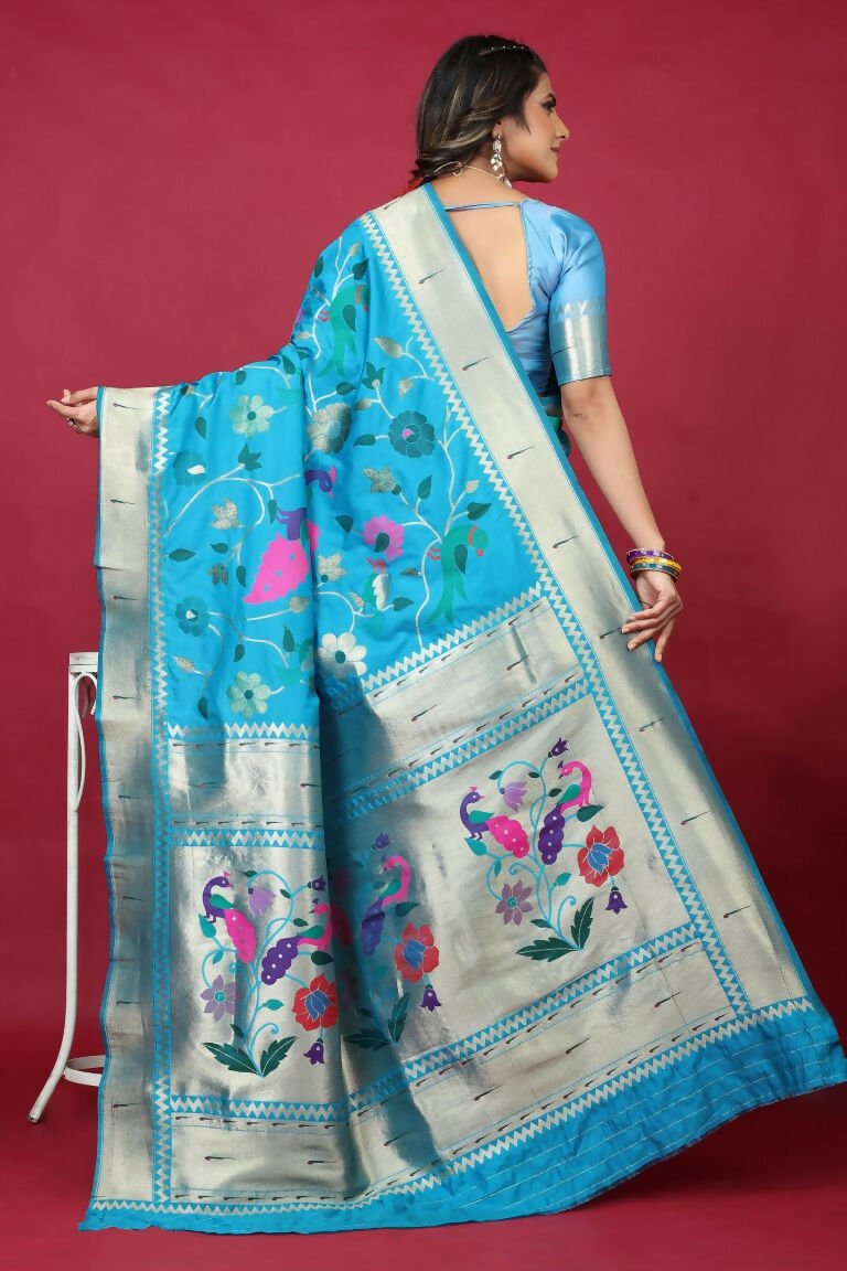 Jyoti Fashion Women's Sky Blue Paithani Silk Zari Woven Saree with Blouse | Swadesiicart