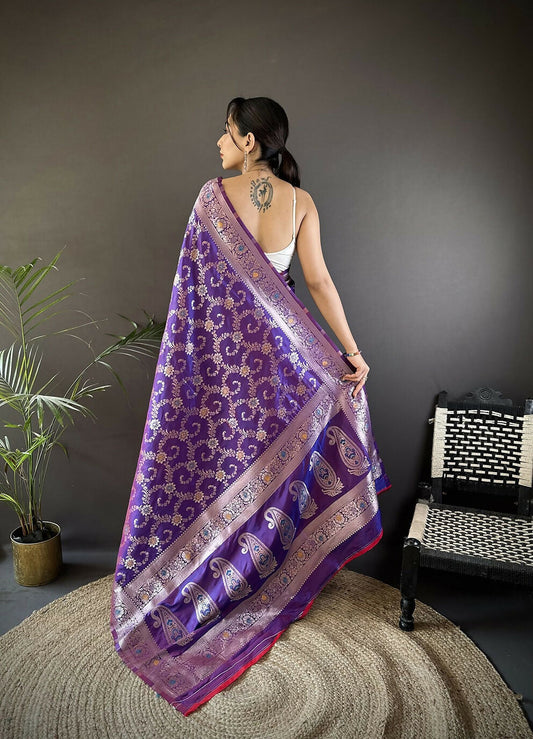 Joban Fashion Purple Meenakari Banarasi Silk Sarees | Swadesiicart